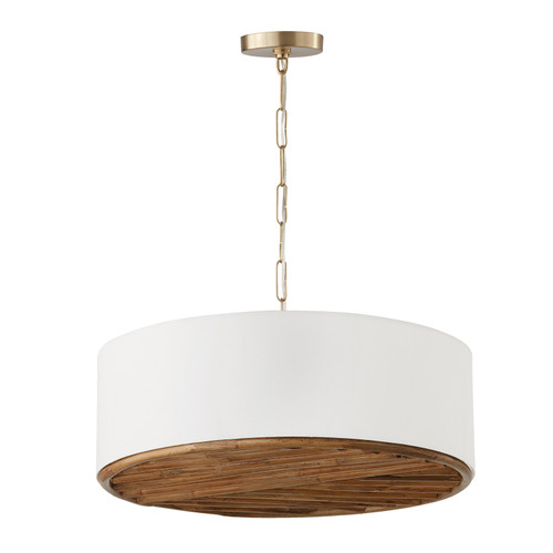 Soleil 24.5"W x 10.75"H 4-Light Pendant in Matte Brass with White Fabric Shade and Handcrafted Bamboo (347441MA)
