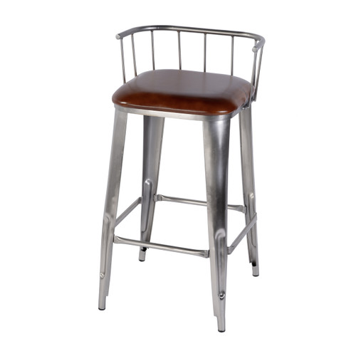 Coriander 31 in Seat Height Leather & Iron Bar Height Stool with Back and Footrest, Brown, Silver (5920344)