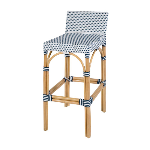 Butler Specialty Company Serienna 30 in. Seat Height Rectangular Rattan Low Back Bar Stool, White and Navy (6282291)