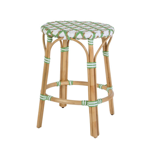 Butler Specialty Company Ballito 24.5 in. Seat Height Oval Rattan Counter Stool with Footrest, White and Green (6283518)