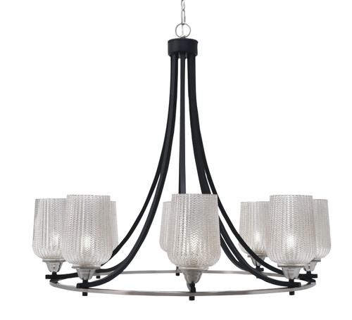 Toltec Lighting Paramount 8 Light Uplight Chandelier, Matte Black & Brushed Nickel Finish, 5" Silver Textured Glass (3408-MBBN-4253)