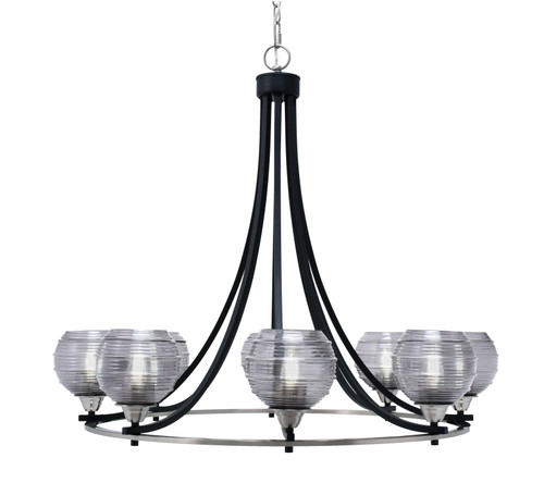 Toltec Lighting Paramount 8 Light Uplight Chandelier, Matte Black & Brushed Nickel Finish, 6" Smoke Ribbed Glass (3408-MBBN-5112)