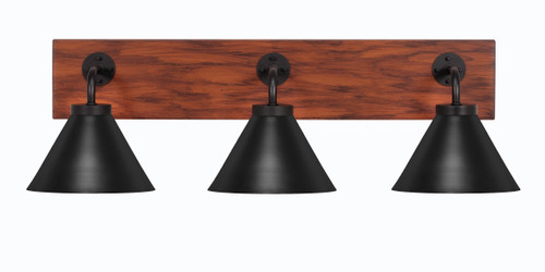 Toltec Lighting Oxbridge 3 Light Bath Bar, Matte Black & Painted Wood-look Metal Finish, 7" Matte Black Cone Metal Shades (1773-MBWG-421-MB)