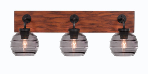 Toltec Lighting Oxbridge 3 Light Bath Bar, Matte Black & Painted Wood-look Metal Finish, 6" Smoke Ribbed Glass (1773-MBWG-5112)