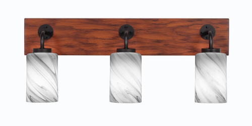 Toltec Lighting Oxbridge 3 Light Bath Bar, Matte Black & Painted Wood-look Metal Finish, 4" Onyx Swirl Glass (1773-MBWG-3009)