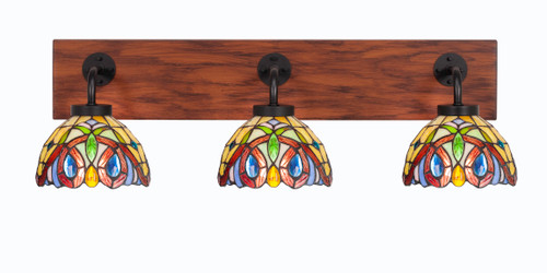 Toltec Lighting Oxbridge 3 Light Bath Bar, Matte Black & Painted Wood-look Metal Finish, 7" Lynx Art Glass (1773-MBWG-9445)