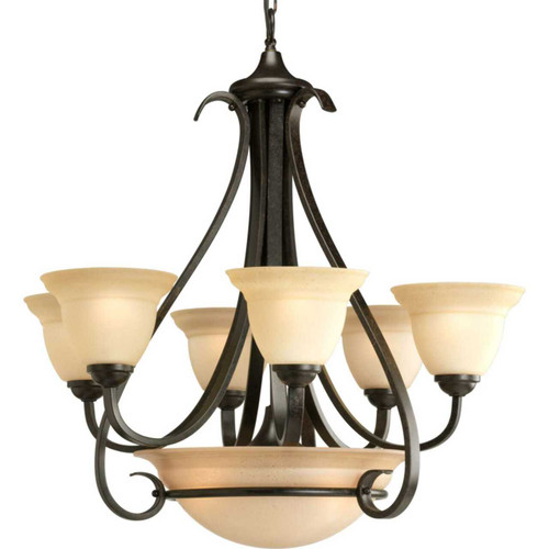 Torino Collection Six-Light Forged Bronze Tea-Stained Glass Transitional Chandelier Light (P4417-77)