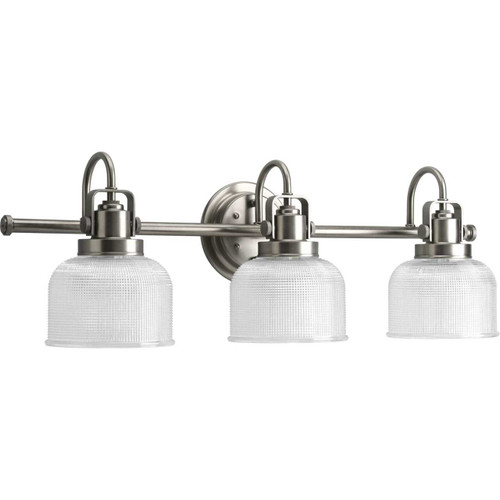 Archie Collection Three-Light Antique Nickel Clear Double Prismatic Glass Coastal Bath Vanity Light (P2992-81)
