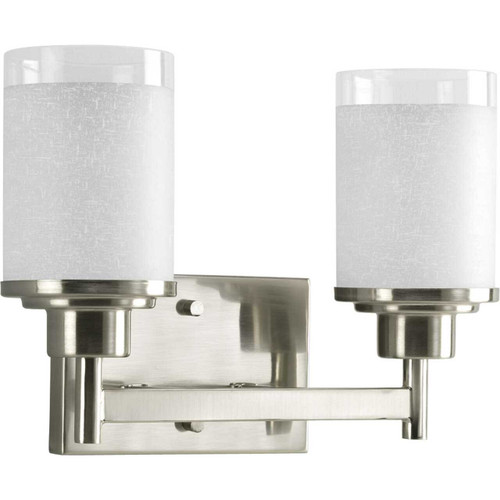 Alexa Collection Two-Light Brushed Nickel Etched Linen With Clear Edge Glass Modern Bath Vanity Light (P2977-09)