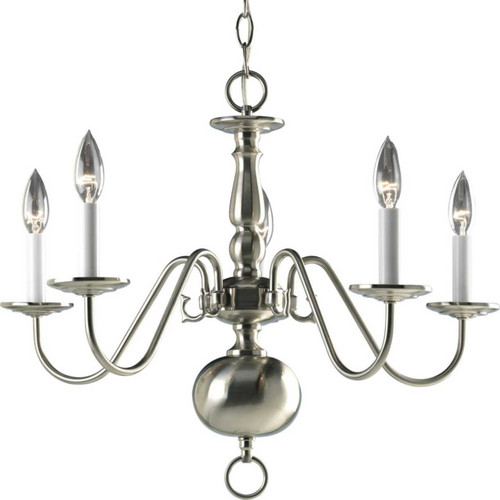 Americana Collection Five-Light Brushed Nickel White Candle Traditional Chandelier Light (P4355-09)