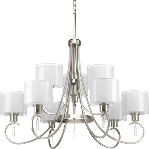Invite Collection Nine-Light Brushed Nickel White Silk Mylar Shade New Traditional Chandelier Light (P4697-09)