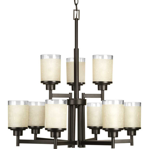 Alexa Collection Nine-Light Antique Bronze Etched Umber Linen With Clear Edge Glass Modern Chandelier Light (P4626-20)