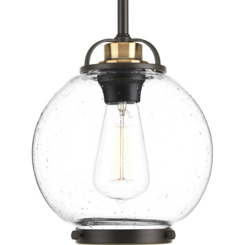 Chronicle Collection One-Light Antique Bronze Clear Seeded White Opal Glass Coastal Mini-Pendant Light (P5309-20)