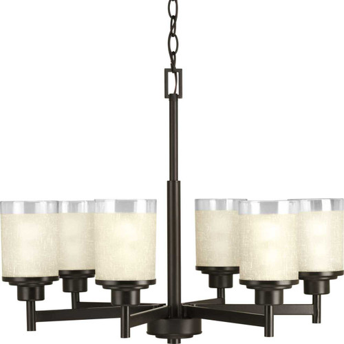 Alexa Collection Six-Light Antique Bronze Etched Umber Linen With Clear Edge Glass Modern Chandelier Light (P4758-20)