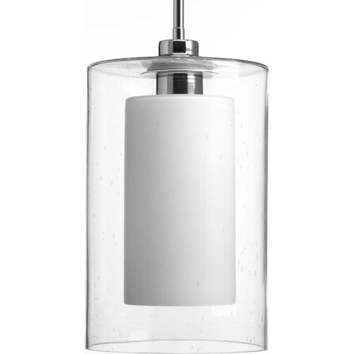 Double Glass One-Light Polished Chrome Etched White Inside/Seeded Glass Outside Glass Farmhouse Pendant Light (P500019-015)