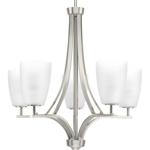 Leap Collection Five-Light Brushed Nickel Etched Opal Glass Modern Chandelier Light (P400043-009)