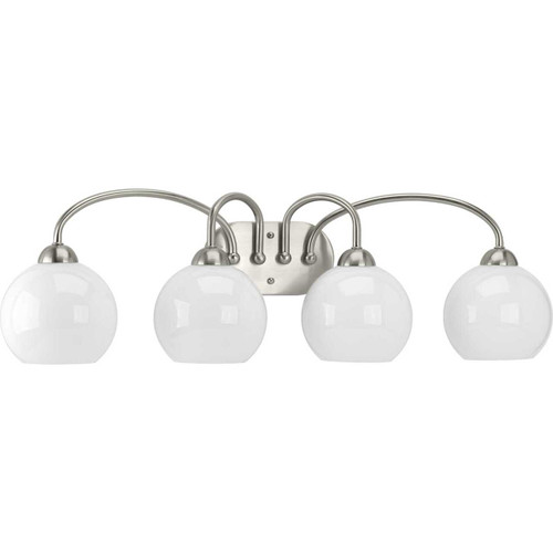 Carisa Collection Four-Light Brushed Nickel Opal Glass Mid-Century Modern Bath Vanity Light (P300087-009)