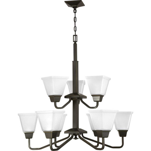 Clifton Heights Collection Nine-Light Antique Bronze Etched Glass Craftsman Chandelier Light (P400120-020)