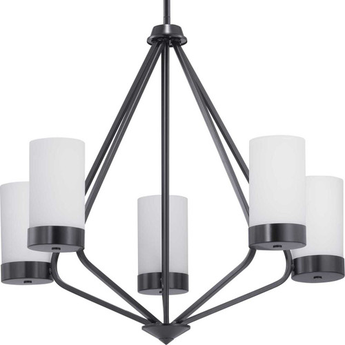 Elevate Collection Five-Light Matte Black Etched White Glass Mid-Century Modern Chandelier Light (P400022-031)