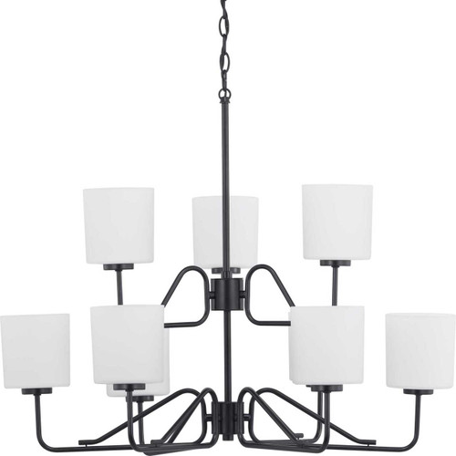 Tobin Collection Nine-Light Matte Black Etched White Glass Modern Chandelier Light (P400183-031)