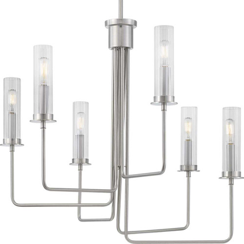 Rainey Collection Six-Light Brushed Nickel Clear Fluted Ribbed Glass Modern Chandelier Light (P400168-009)