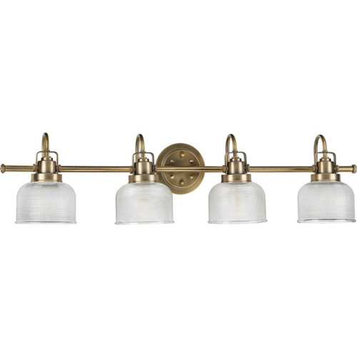 Archie Collection Four-Light Vintage Brass Clear Double Prismatic Glass Coastal Bath Vanity Light (P2997-163)