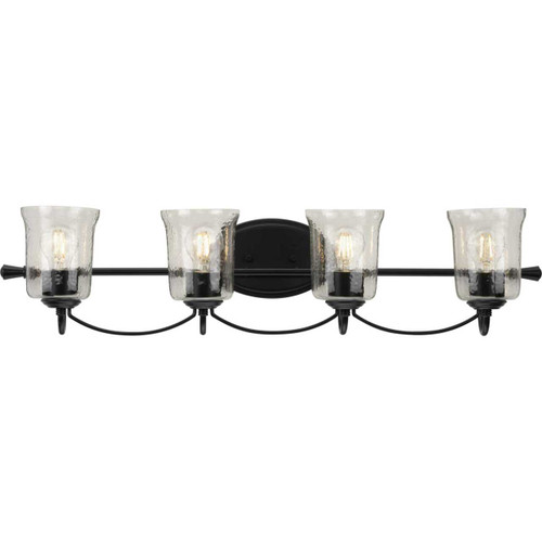 Bowman Collection Four-Light Matte Black Clear Chiseled Glass Coastal Bath Vanity Light (P300256-031)