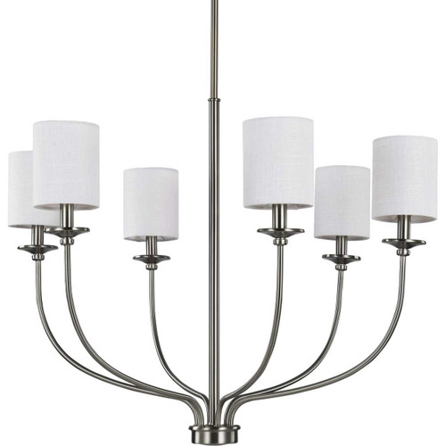 Bonita Collection Six-Light Brushed Nickel White Linen Fabric Shade Luxe Chandelier Light (P400227-009)