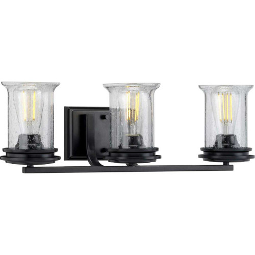 Winslett Collection Three-Light Matte Black Clear Seeded Glass Coastal Bath Vanity Light (P300274-031)