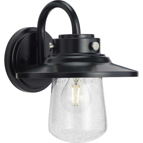 Tremont Collection One-Light Matte Black and Clear Seeded Glass Farmhouse Style Medium Outdoor Wall Lantern (P560263-031)