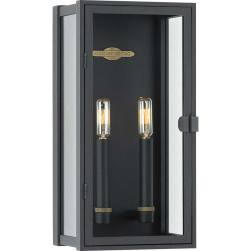 Stature Collection Two-Light Textured Black and Clear Glass Transitional Style Medium Outdoor Wall Lantern (P560268-031)