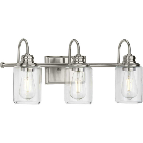 Aiken Collection Three-Light Clear Glass Brushed Nickel Farmhouse Style Bath Vanity Wall Light (P300322-009)
