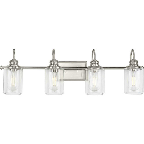 Aiken Collection Four-Light Brushed Nickel Clear Glass Farmhouse Style Bath Vanity Wall Light (P300323-009)