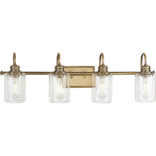 Aiken Collection Four-Light Vintage Style Brass Clear Glass Farmhouse Style Bath Vanity Wall Light (P300323-163)