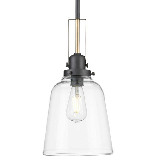 Rushton Collection One-Light Graphite/Vintage Brass and Clear Glass Industrial Style Hanging Pendant Light (P500329-143)