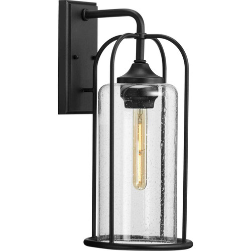 Watch Hill Collection One-Light Textured Black and Clear Seeded Glass Farmhouse Style Large Outdoor Wall Lantern (P560257-031)