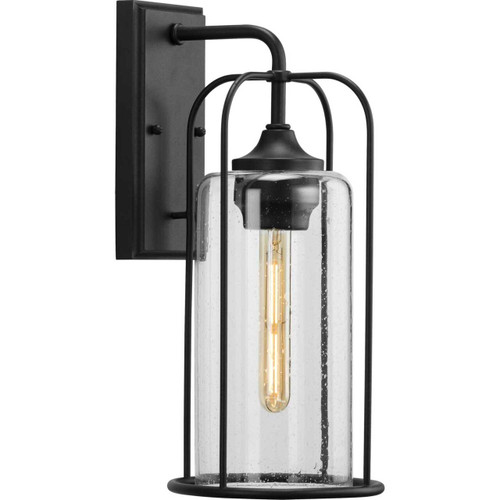 Watch Hill Collection One-Light Textured Black and Clear Seeded Glass Farmhouse Style Medium Outdoor Wall Lantern (P560256-031)