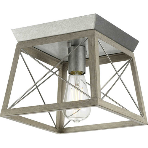 Briarwood Collection One-Light Galvanized and Bleached Oak Farmhouse Style Flush Mount Ceiling Light (P350022-141)