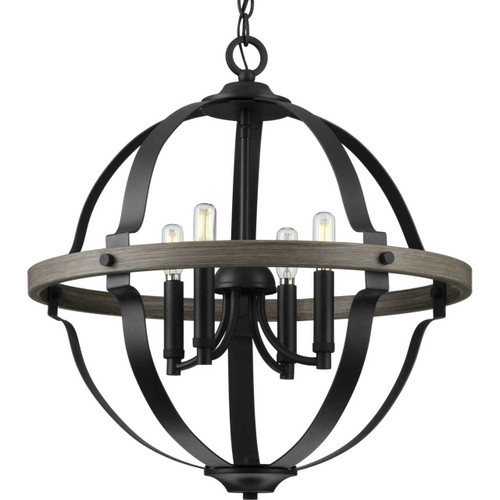 Lockhart Collection Four-Light Matte Black/Aged Oak Farmhouse Style Hanging Pendant Light (P500278-031)
