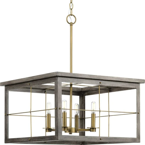 Hedgerow Collection Four-Light Distressed Brass and Aged Oak Farmhouse Style Chandelier Light (P400253-175)