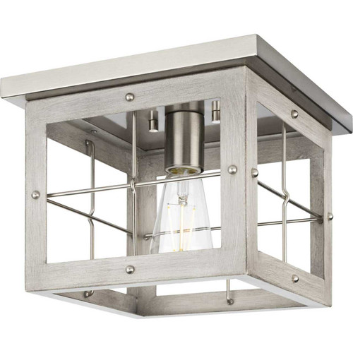 Hedgerow Collection One-Light Brushed Nickel and Grey Washed Oak Farmhouse Style Flush Mount Ceiling Light (P350197-009)