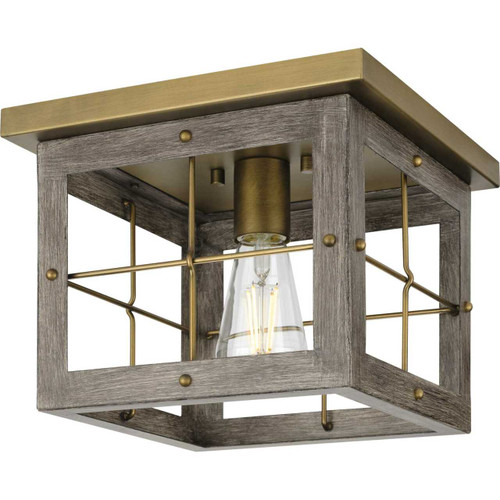 Hedgerow Collection One-Light Distressed Brass and Aged Oak Farmhouse Style Flush Mount Ceiling Light (P350197-175)