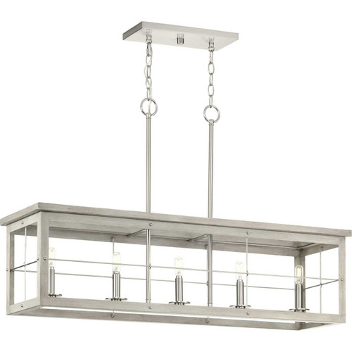 Hedgerow Collection Five-Light Brushed Nickel and Grey Washed Oak Farmhouse Style Linear Island Chandelier Light (P400254-009)