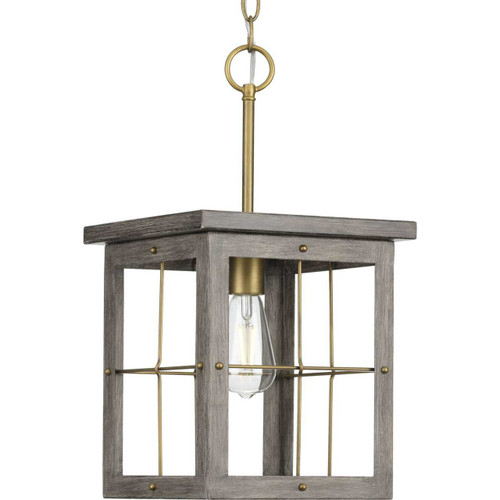 Hedgerow Collection One-Light Distressed Brass and Aged Oak Farmhouse Style Hanging Mini-Pendant Light (P500317-175)