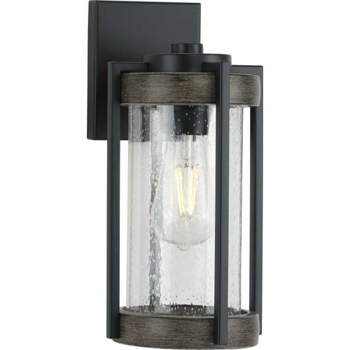 Whitmire Collection One-Light Matte Black with Aged Oak Accents Clear Seeded Glass Farmhouse Outdoor Wall Lantern Light (P560281-31M)