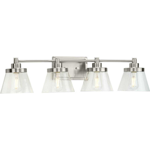 Hinton Collection Four-Light Brushed Nickel Clear Seeded Glass Farmhouse Bath Vanity Light (P300351-009)