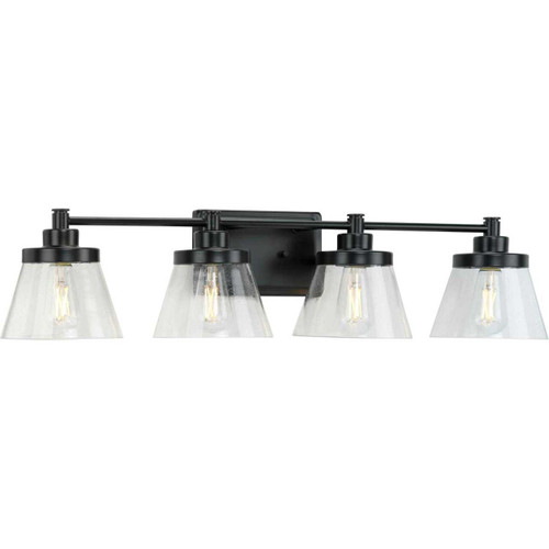 Hinton Collection Four-Light Matte Black Clear Seeded Glass Farmhouse Bath Vanity Light (P300351-31M)