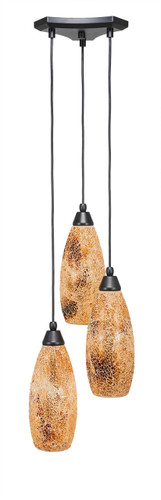 Europa 3 Light Cluster Pendalier Shown In Matte Black Finish With 5.5" Gold Fusion Glass (28-MB-417)