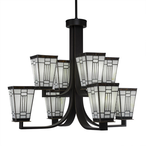 Apollo 8 Light Chandelier With Hang Straight Swivel Shown In Dark Granite Finish With 5" Square Santa Fe Art Glass (578-DG-9544)