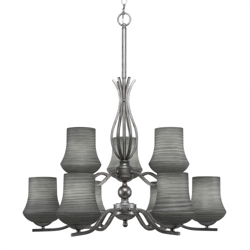 Revo 9 Light Chandelier Shown In Aged Silver Finish With 5.5" Zilo Gray Linen Glass (249-AS-682)
